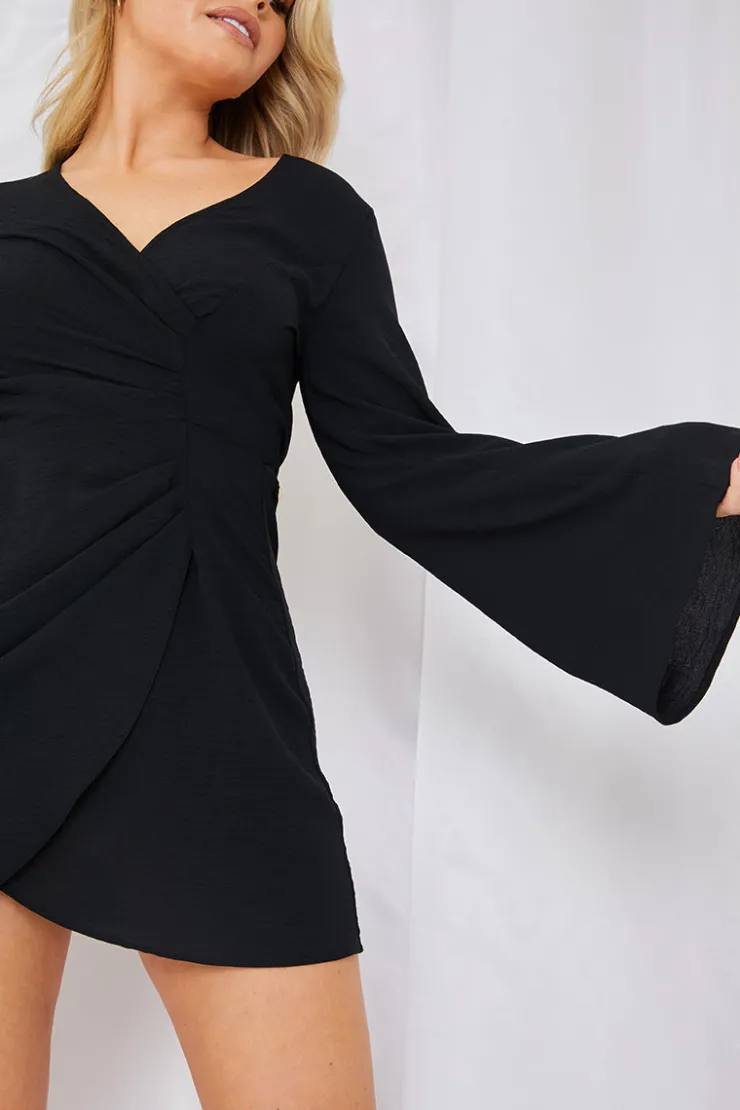 In the Style Satin Wrap Front Mini Dress Black