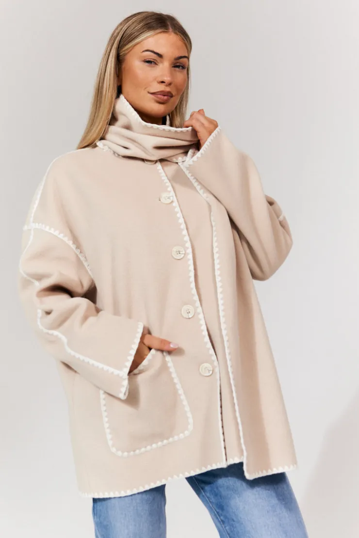 Sale In the Style Scarf Detail Contrast Stitching Wool Blend Coat Cream