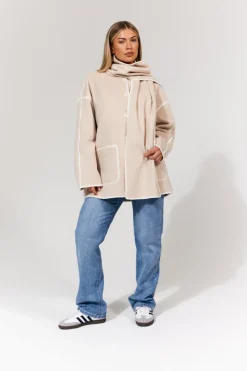 Sale In the Style Scarf Detail Contrast Stitching Wool Blend Coat Cream