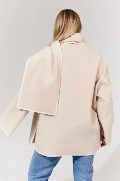 Sale In the Style Scarf Detail Contrast Stitching Wool Blend Coat Cream