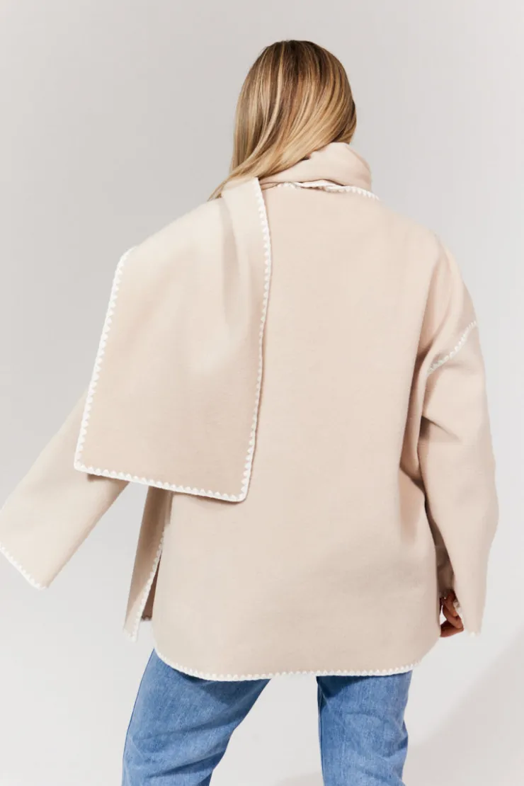 Sale In the Style Scarf Detail Contrast Stitching Wool Blend Coat Cream