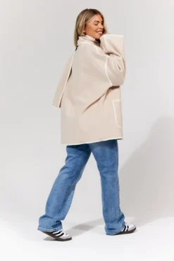 Sale In the Style Scarf Detail Contrast Stitching Wool Blend Coat Cream