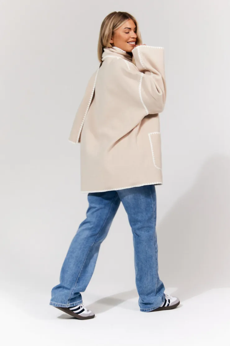 Sale In the Style Scarf Detail Contrast Stitching Wool Blend Coat Cream