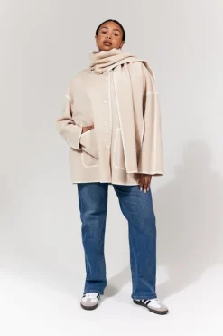 Sale In the Style Scarf Detail Contrast Stitching Wool Blend Coat Cream