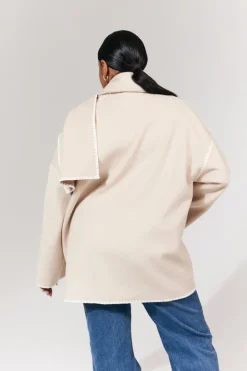 Sale In the Style Scarf Detail Contrast Stitching Wool Blend Coat Cream