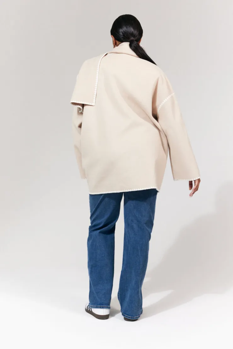 Sale In the Style Scarf Detail Contrast Stitching Wool Blend Coat Cream