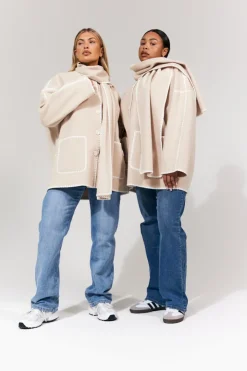 Sale In the Style Scarf Detail Contrast Stitching Wool Blend Coat Cream
