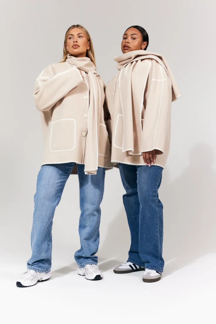 Sale In the Style Scarf Detail Contrast Stitching Wool Blend Coat Cream