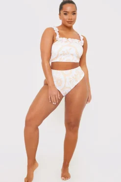 Best In the Style Scarf Print Ruffle Bardot Shirred Bikini Top White
