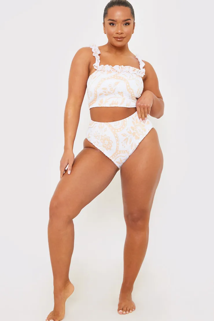 Best In the Style Scarf Print Shirred High Waisted Bikini Bottom White
