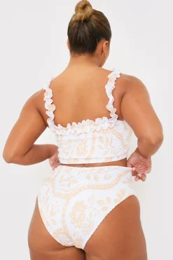 Best In the Style Scarf Print Shirred High Waisted Bikini Bottom White