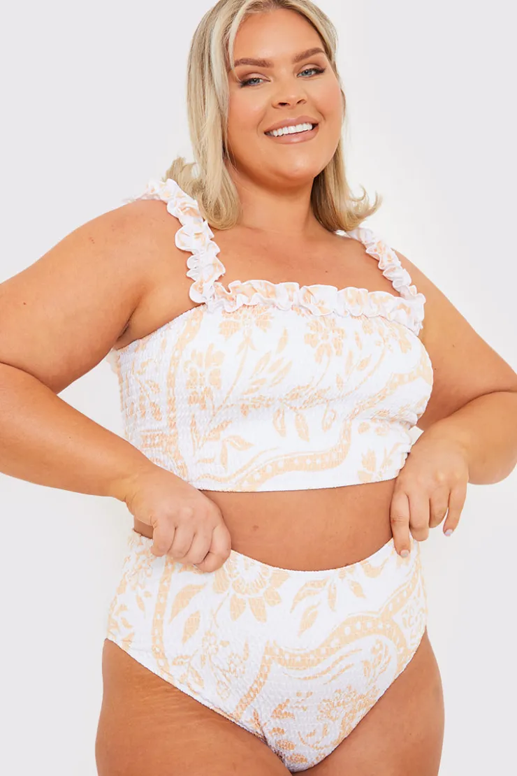 Best In the Style Scarf Print Shirred High Waisted Bikini Bottom White