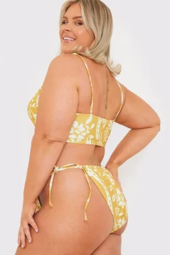 Discount In the Style Scarf Print Tie Front Scoop Neck Bikini Top Yellow