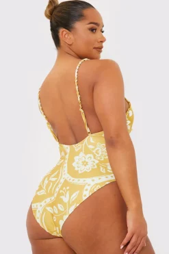 Clearance In the Style Scarf Print Twist Front Swimsuit Yellow