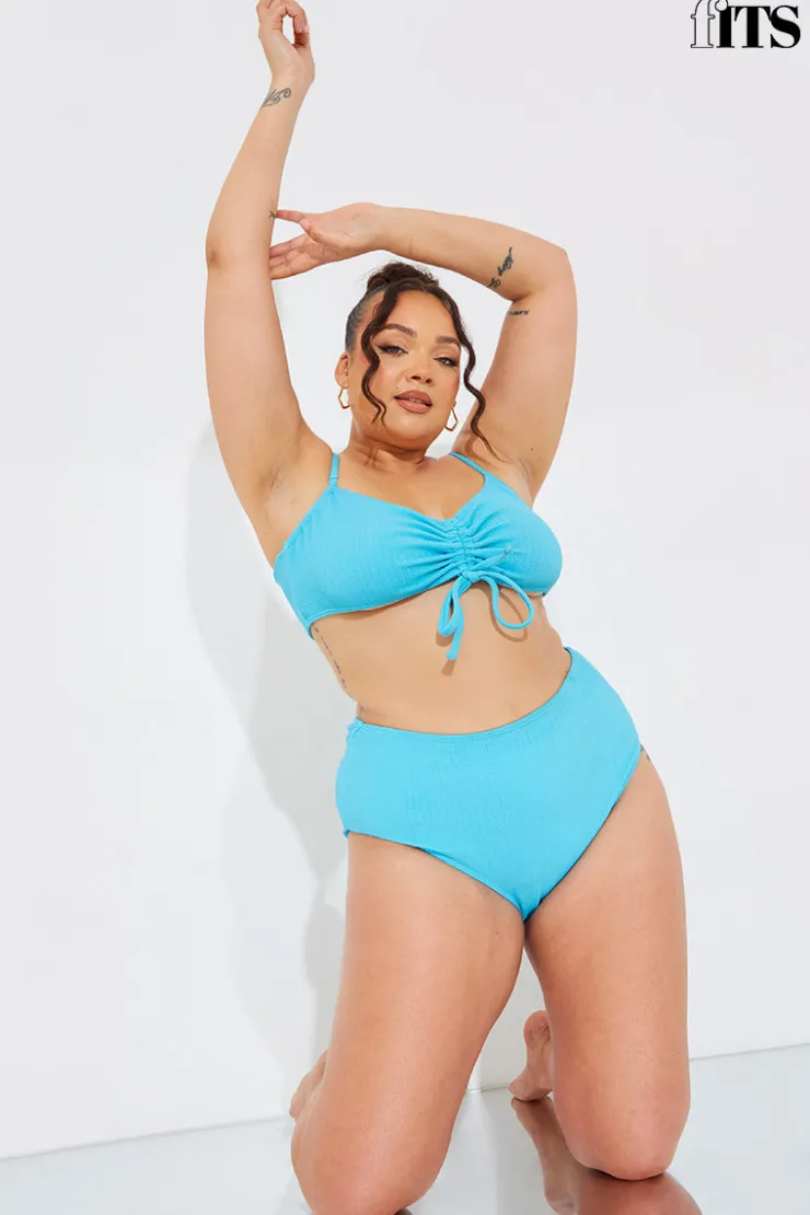 Clearance In The Style Sculpt and Control Crinkle Ruched Front Bikini Top Blue