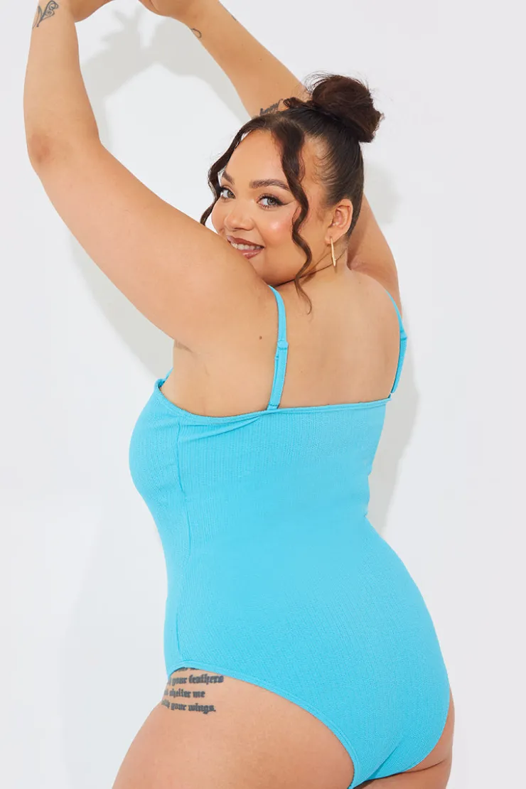New In The Style Sculpt and Control Crinkle Bandeau Swimsuit Blue