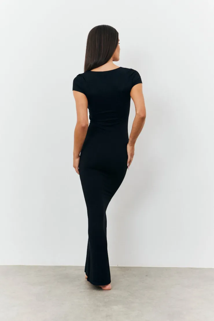 Hot Fits Sculpting Cap Sleeve Maxi Dress Black