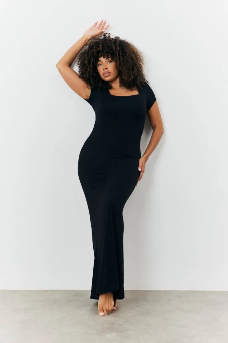 Hot Fits Sculpting Cap Sleeve Maxi Dress Black