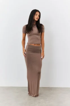 Outlet Fits Sculpting Fold Over Waistband Maxi Skirt Mocha