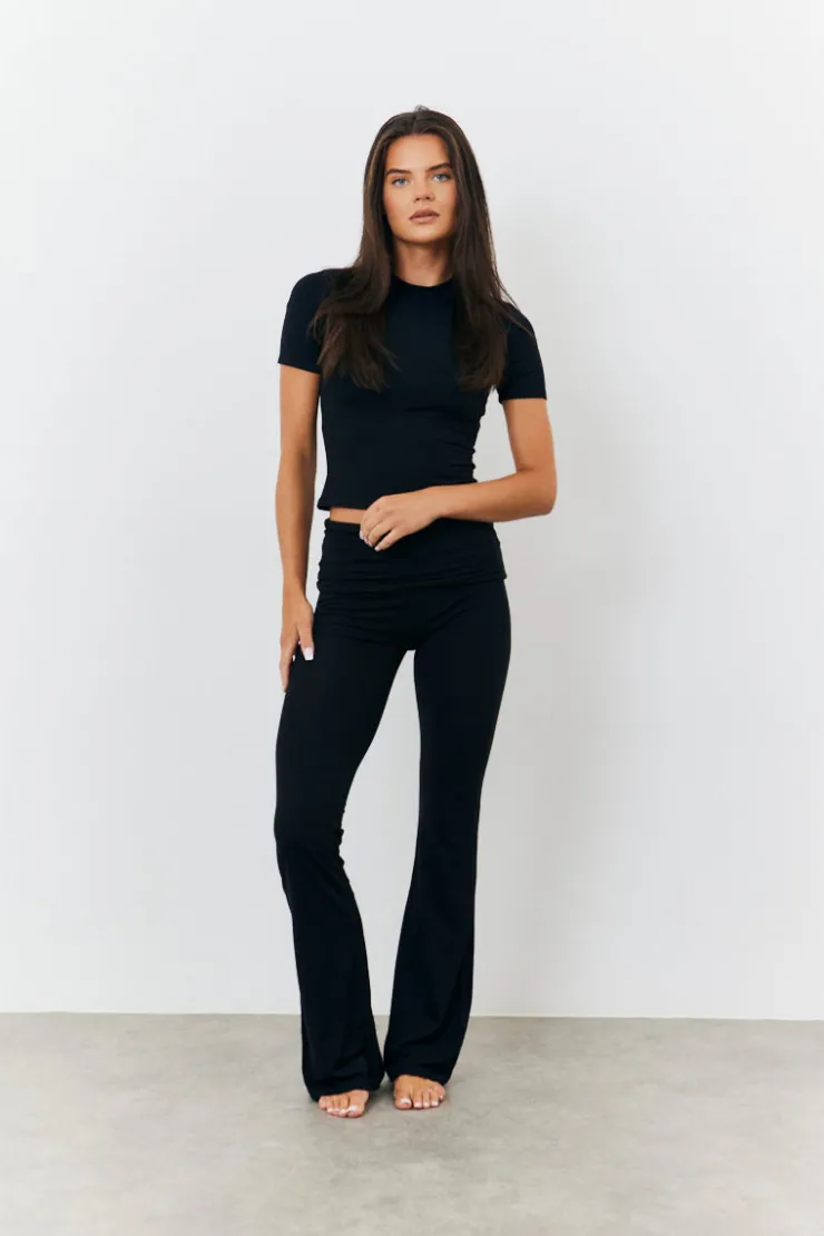 Discount Fits Sculpting Fold Over Waistband Flare Leg Trouser Black