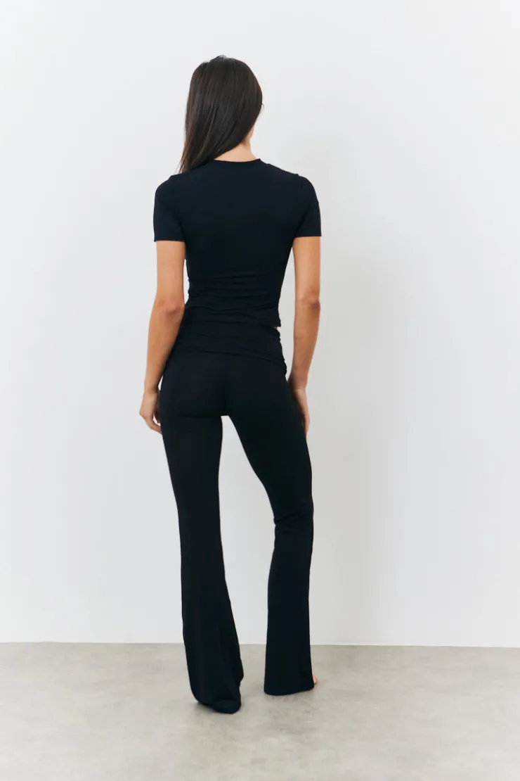 Discount Fits Sculpting Fold Over Waistband Flare Leg Trouser Black