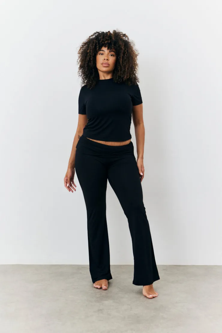 Discount Fits Sculpting Fold Over Waistband Flare Leg Trouser Black