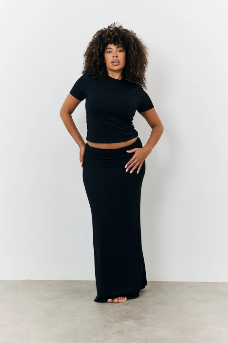 Best Fits Sculpting Fold Over Waistband Maxi Skirt Black