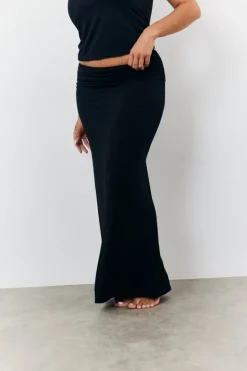 Best Fits Sculpting Fold Over Waistband Maxi Skirt Black
