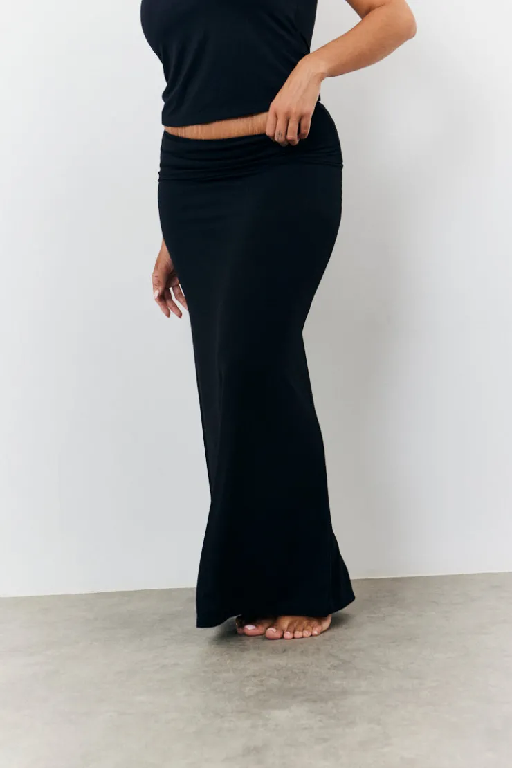 Best Fits Sculpting Fold Over Waistband Maxi Skirt Black
