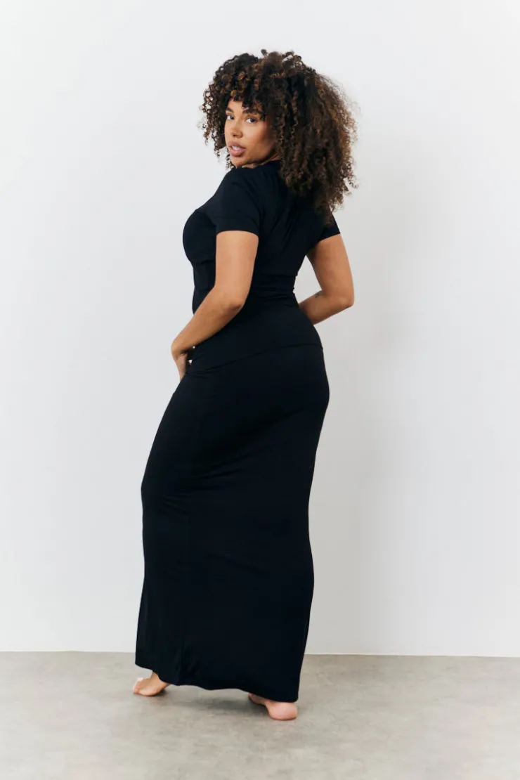 Best Fits Sculpting Fold Over Waistband Maxi Skirt Black