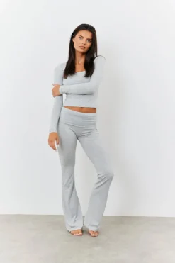 Discount Fits Sculpting Fold Over Waistband Flare Leg Trouser Grey