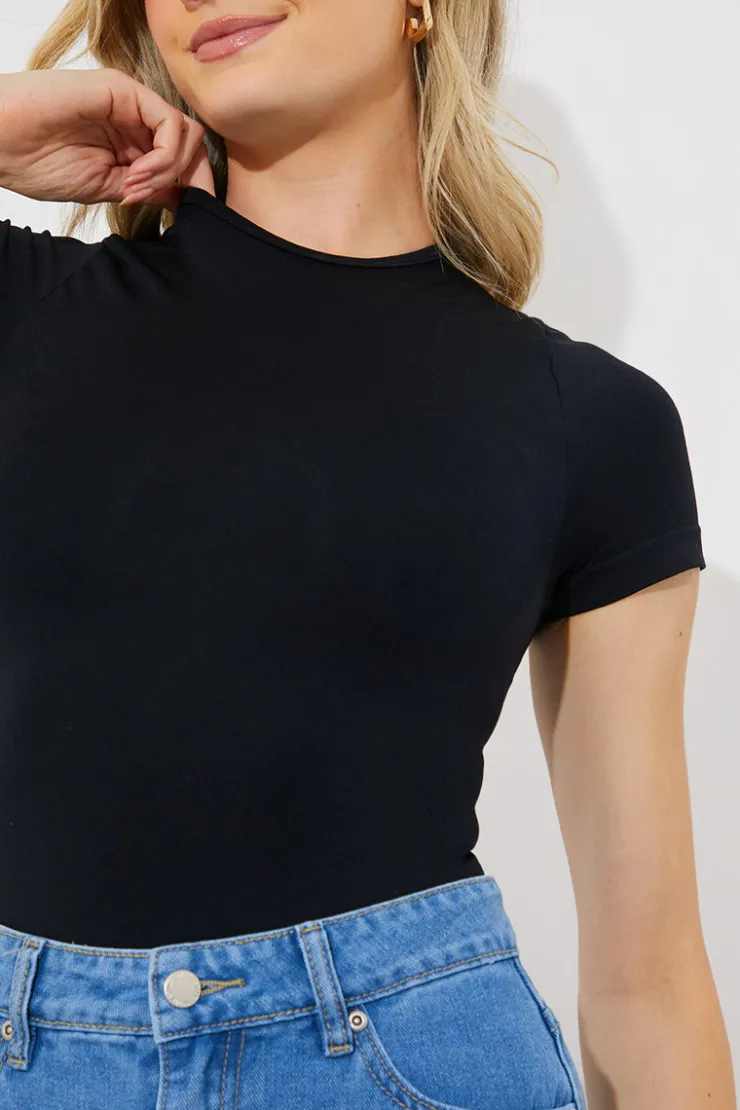 In The Style Seamless Crew Neck Snatched Shapewear Bodysuit Black