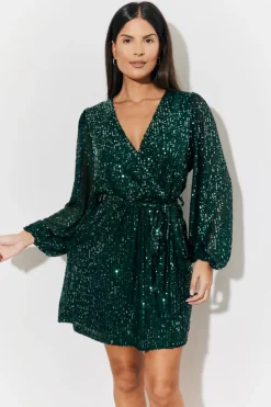 Clearance In the Style Sequin Balloon Sleeve Skater Mini Dress Green