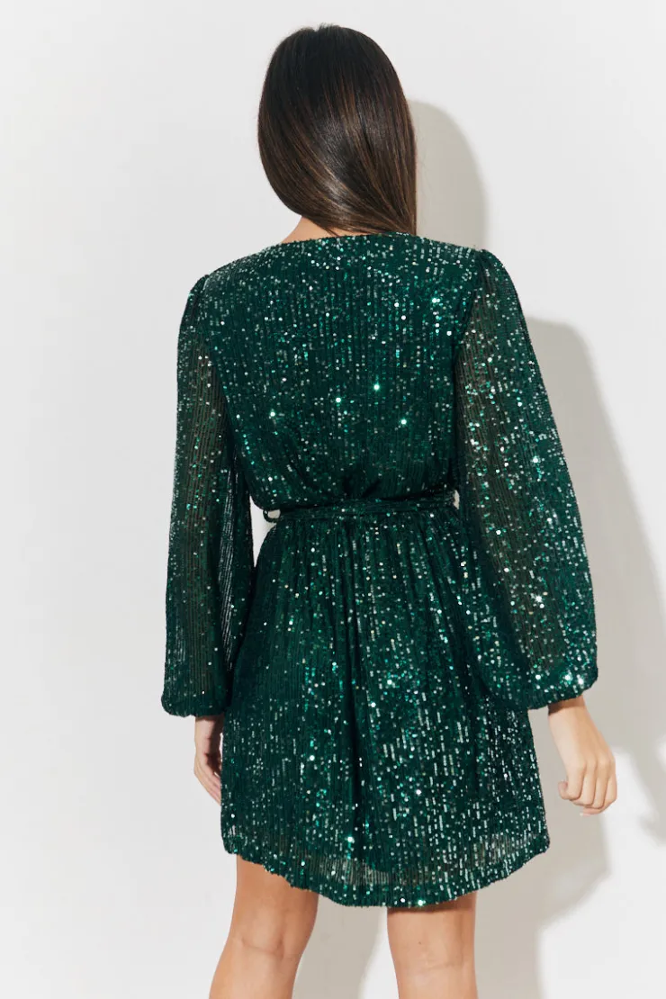 Clearance In the Style Sequin Balloon Sleeve Skater Mini Dress Green