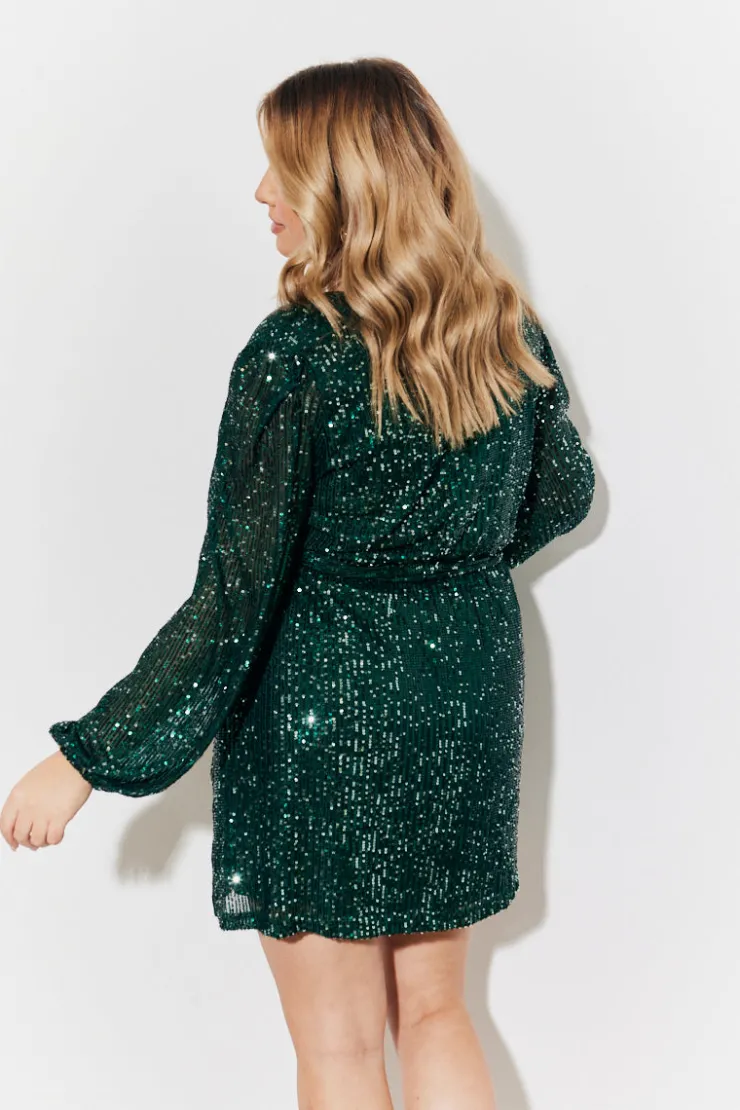 Clearance In the Style Sequin Balloon Sleeve Skater Mini Dress Green