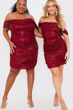 In the Style Sequin Bardot Ruched Mini Dress Burgundy