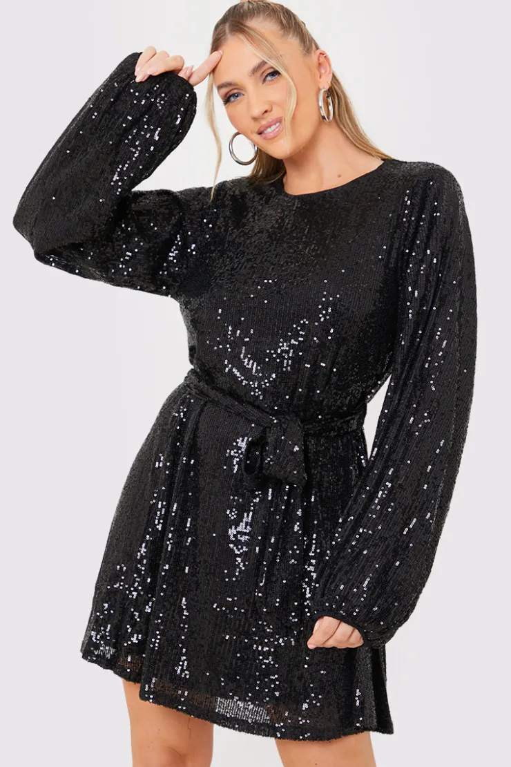 Best In the Style Sequin Belted Balloon Sleeve Mini Dress