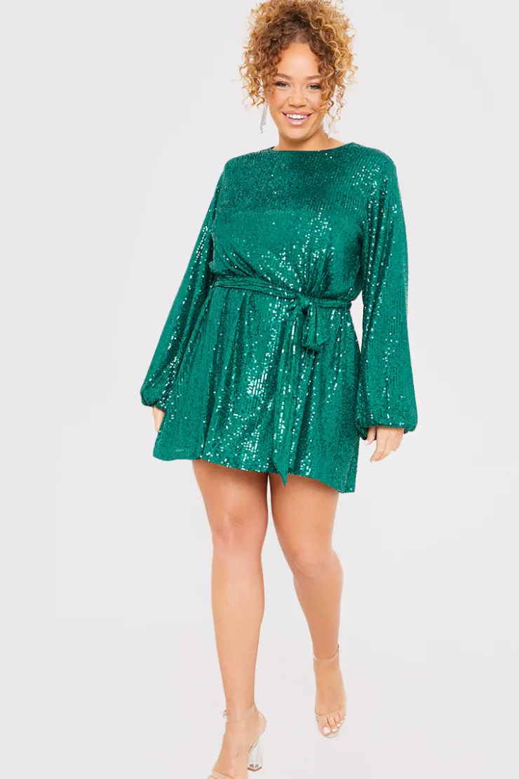 Best In the Style Sequin Belted Balloon Sleeve Mini Dress