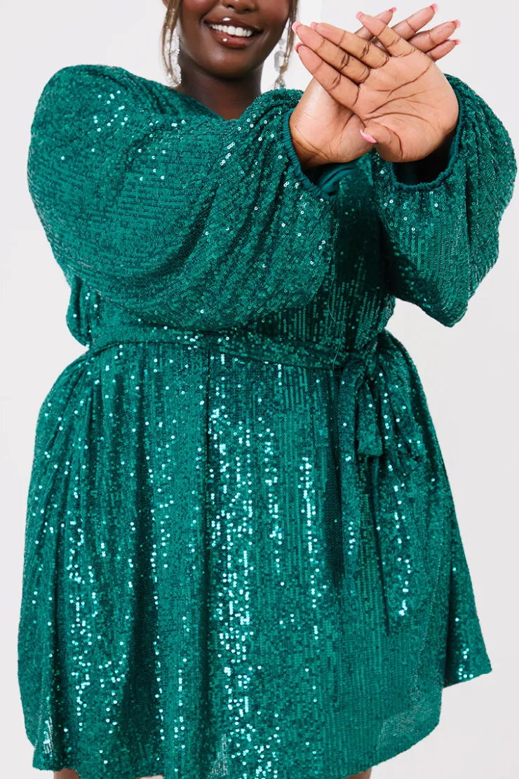 Best In the Style Sequin Belted Balloon Sleeve Mini Dress