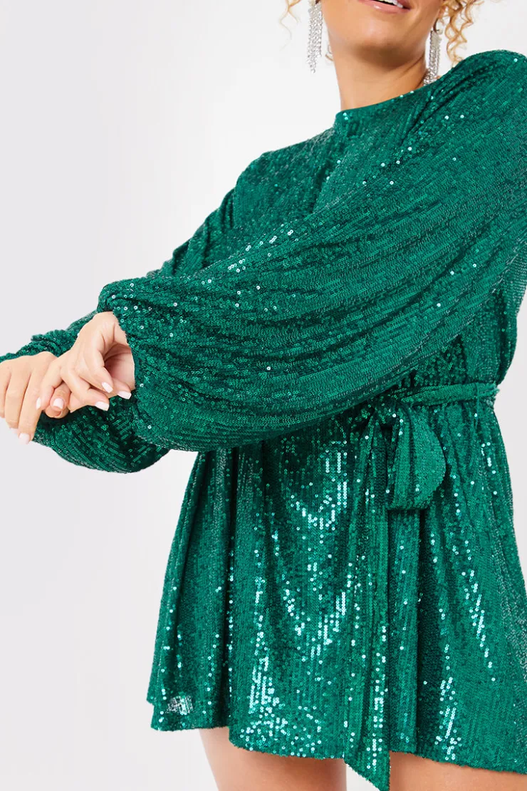 Best In the Style Sequin Belted Balloon Sleeve Mini Dress