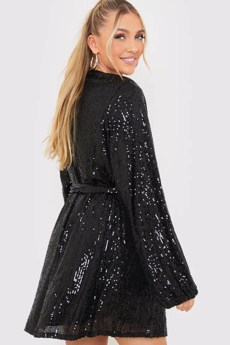 Best In the Style Sequin Belted Balloon Sleeve Mini Dress