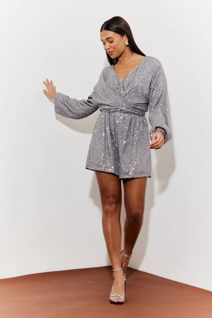 Outlet In the Style Sequin Multi Front Knot Playsuit Silver