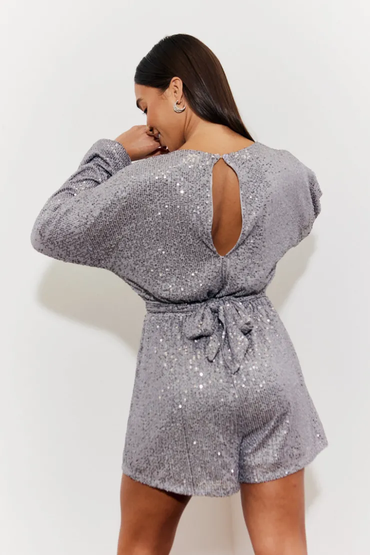 Outlet In the Style Sequin Multi Front Knot Playsuit Silver
