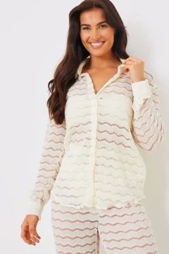 Sale In the Style Sheered Chevron Oversized Shirt Cream