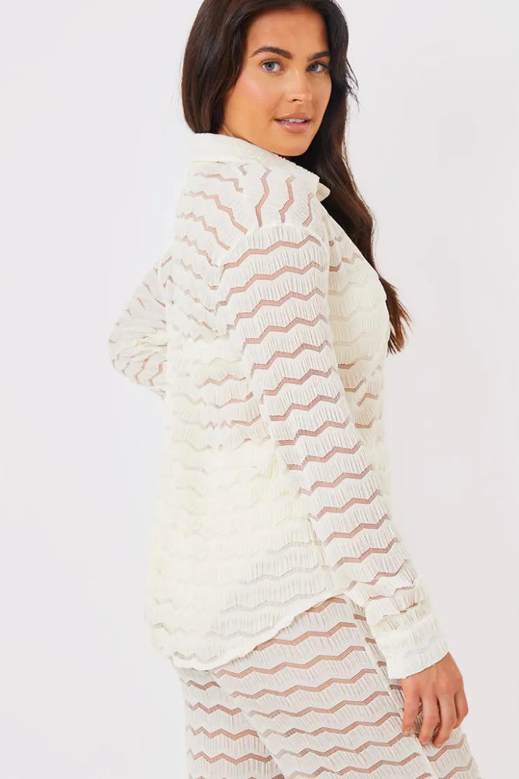 Sale In the Style Sheered Chevron Oversized Shirt Cream
