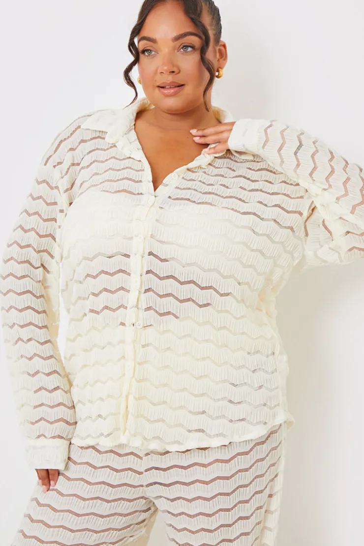 Sale In the Style Sheered Chevron Oversized Shirt Cream