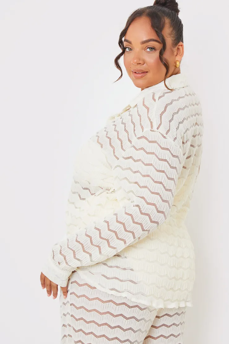 Sale In the Style Sheered Chevron Oversized Shirt Cream