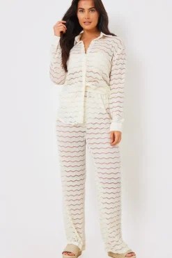 Best In the Style Sheered Chevron Wide Leg Trousers Cream