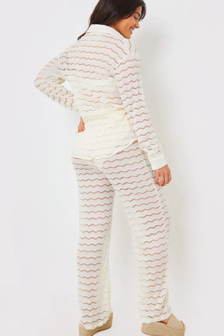 Best In the Style Sheered Chevron Wide Leg Trousers Cream
