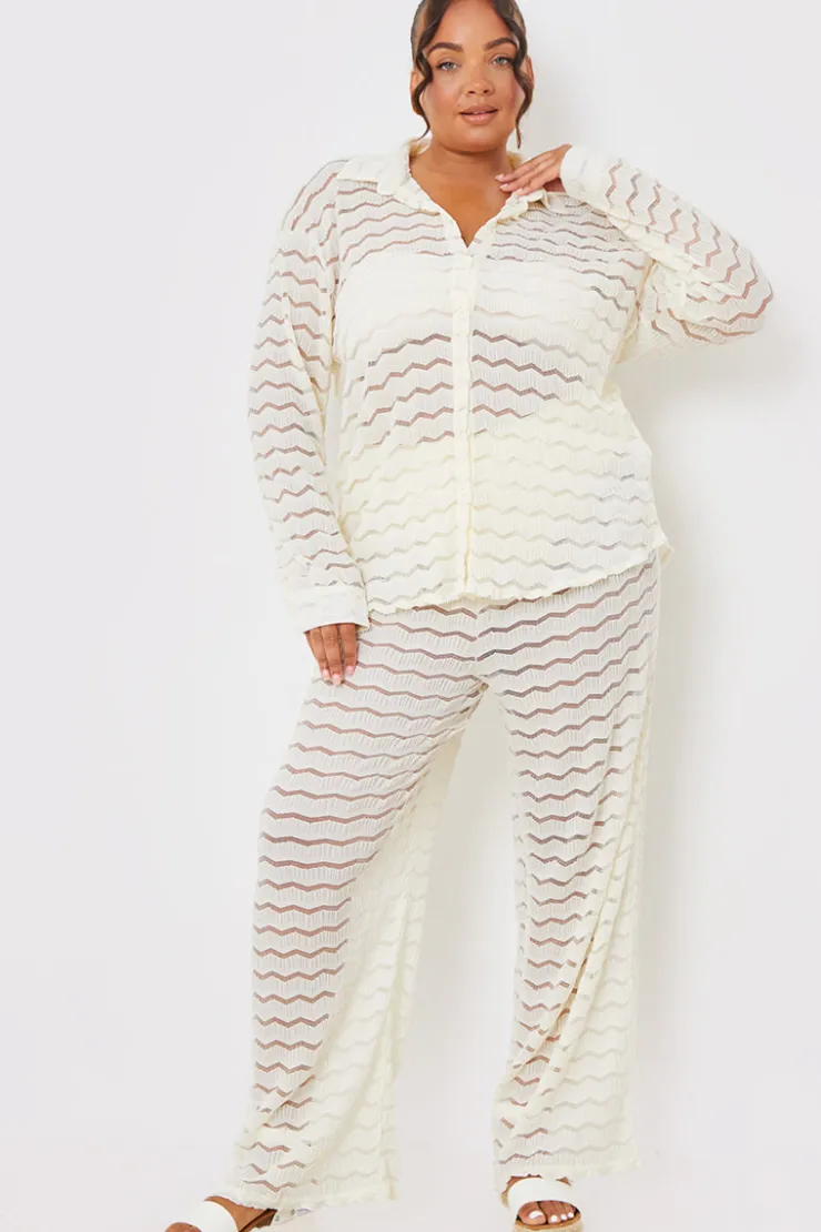 Best In the Style Sheered Chevron Wide Leg Trousers Cream